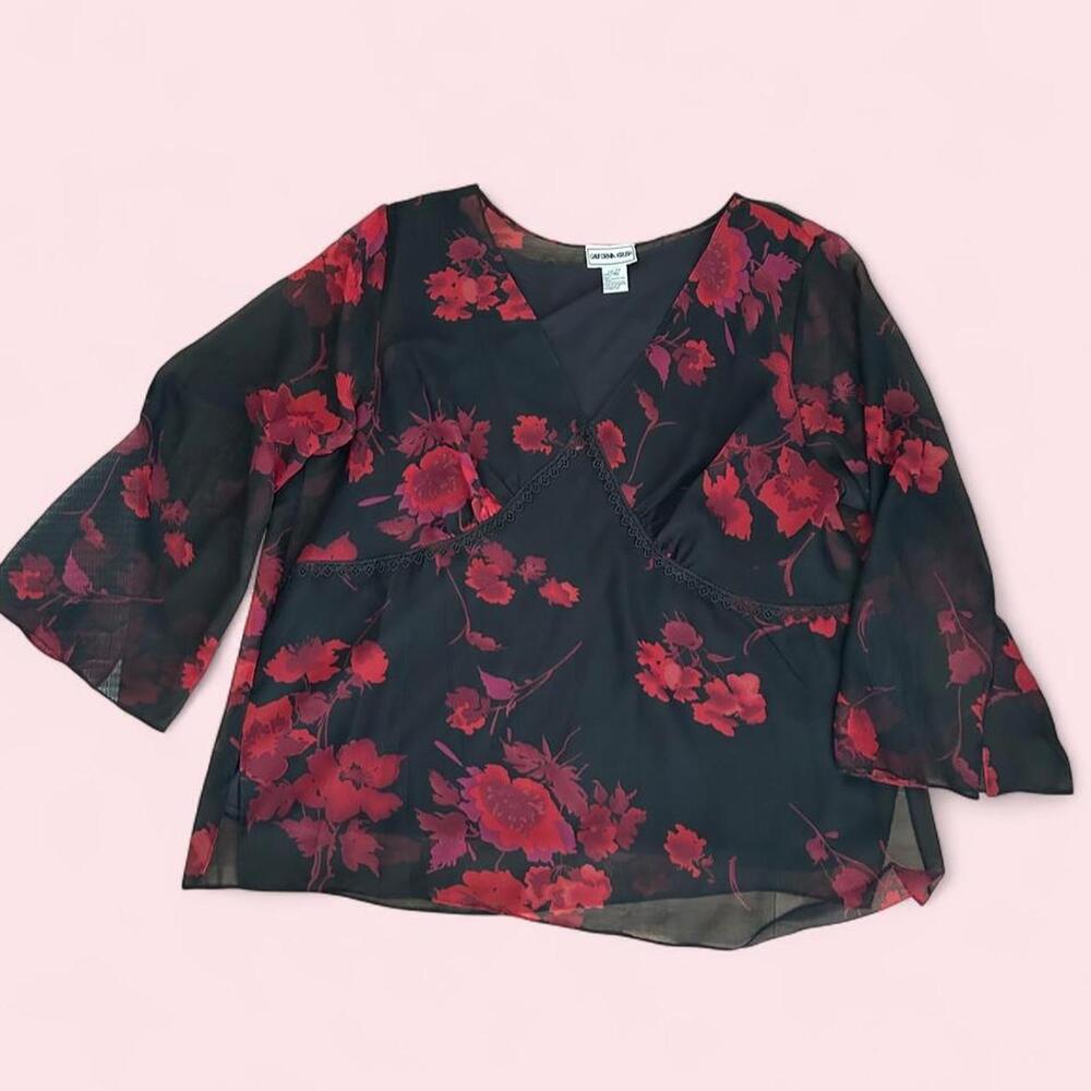 Vintage 90s Plus size grunge whimsigoth romantic style red floral sheer blouse